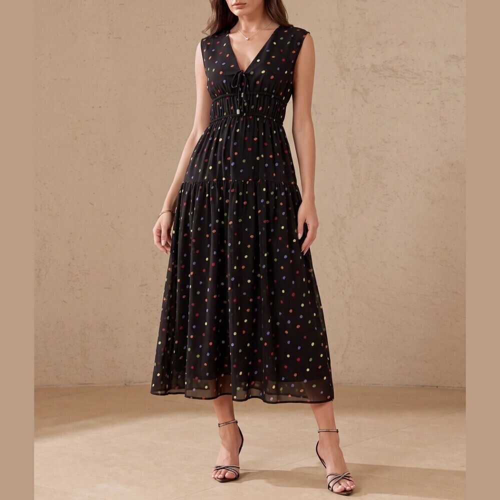 Black Multicolor Polka Dot Tiered Maxi Dress with Tie Front V-Neck